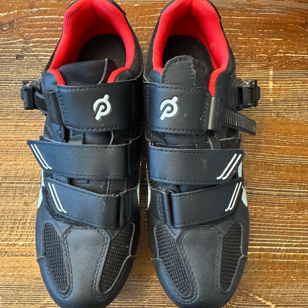 Black Peloton Cycling Shoes with Red Interior